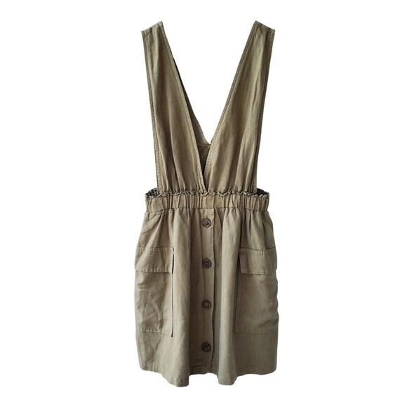 ZARA Rustic Pinafore Dress Overall Jumper Linen Blend Light Olive Green Size S - Picture 9 of 16